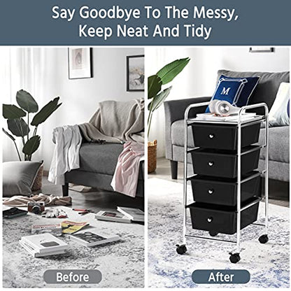 Yaheetech 4 Drawers Cart Rolling Storage Organizer Metal Frame Plastic Drawers Trolley Organizer on Wheels, Black - color: Black, style: 4 Drawers
