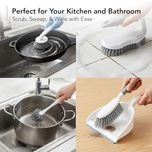 OVENTE Multipurpose Household Cleaning Kit, Deep Cleaning Brush Set with Wiper & Dustpan, Ergonomic Handle & Stiff Bristles, Ideal for Cleaning Kitchen, Bathroom, Dishes, Tiles & Sink, White CTB018WGY