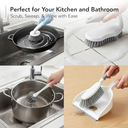 OVENTE Multipurpose Household Cleaning Kit, Deep Cleaning Brush Set with Wiper & Dustpan, Ergonomic Handle & Stiff Bristles, Ideal for Cleaning Kitchen, Bathroom, Dishes, Tiles & Sink, White CTB018WGY