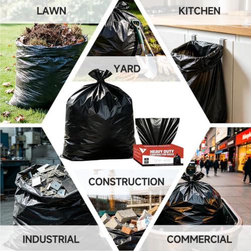 55 Gallon 2 Mil Heavy Duty Trash Bags, HUOJI 20 Count 36'' x 56'' Black Plastic Bags for Contractor, Industrial, Commercial, Yard