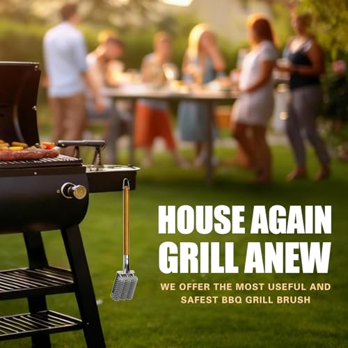 HOUSE AGAIN Grill Brush Bristle Free, Stainless Steel Food-Grade Brush Head with Scraper, Safe Steam BBQ Outdoor Grill Cleaning Brush Barbecue Grill Cleaner Non Wire for Grill Grate/Long Wood Handle - style: Natural Wood