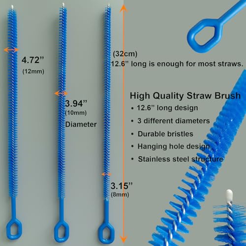 3-Pack Multi-Size 12.6”Long Straw Cleaner Brush for Stanley Cup, Extra Long Reusable Straw Brush for Tumbler, Metal, Silicone, Glass Straws for Baby Bottles, Sippy Cups, Yeti, Pipe Cleaner for Tube
