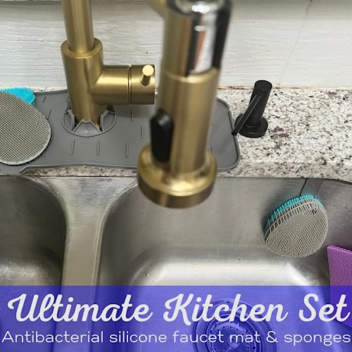 Faucet Mat for Sink - Silicone Scrubber Dish Set, Splash Guard, Food Grade BPA Free Kitchen Scrubber - color: 4sponges+1mat