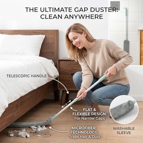 Sakerplus Baseboard Cleaner Tool with Handle Duster with Extension Pole, Bendable Microfiber Dusting Wand, Under Appliance Crevice Dust Remover for Sofa, Cabinet Top and Fan Gaps (1)