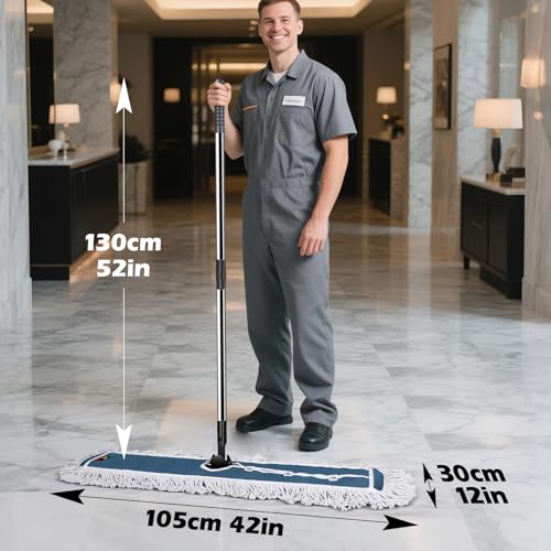 42" Commercial Mop,MASTERTOP Heavy Duty Dust Floor Mop with 52" Long Handle,Large Industrial Wet Dry Mops,Sweeper Broom for Hardwood, Tile, Laminate,Garage,School,Mall - 1 Cotton & 1 Microfiber Pad - color: A-blue(42"*12")