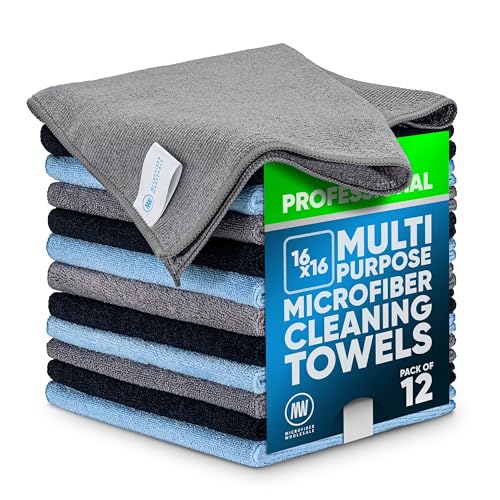 MW Pro Microfiber Cleaning Cloth | Black Gray Blue | 12 Pack | 16” x 16” | All Purpose Microfiber Towels - Clean, Dust, Polish, Scrub, Absorbent - color: Black, Gray, Blue