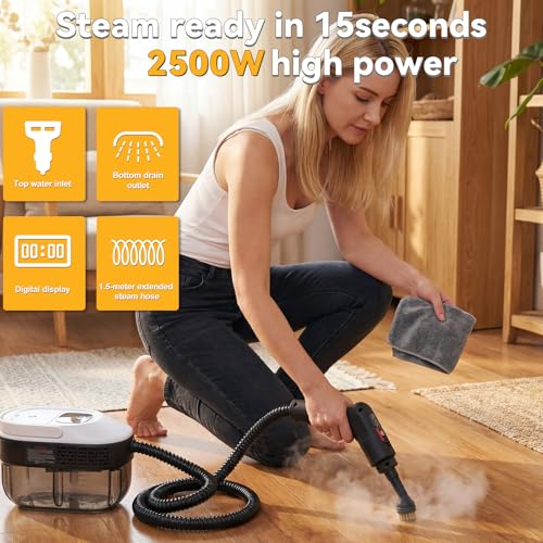 2500W Portable Handheld Steam Cleaner, 54oz Large Water Tank, 3-Level Adjustable Handle, 15s Fast Heating Steam Steamer with 20 Pcs Accessories, Plug-and-Play Design for Home Kitchen Car Cleaning