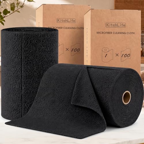 KitchLife Microfiber Cleaning Cloth Roll, 200 Pack - Tear-Away Microfiber Paper Towels, Lint-Free, Reusable, Washable for Kitchen, Car, Dishes, and Sensitive Surfaces (Black) - color: Black, size: 100 Pack x 2