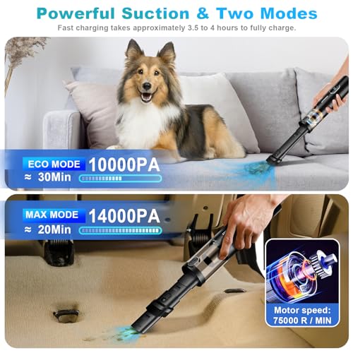 Upbooz Handheld Vacuum Cordless, Car Vacuum with 14000PA Powerful Suction with LED Light, Air Duster 2-in-1,Low Noise Rechargeable Portable Mini Vacuum Cleaner for Car Home Pet Office,Two Gears