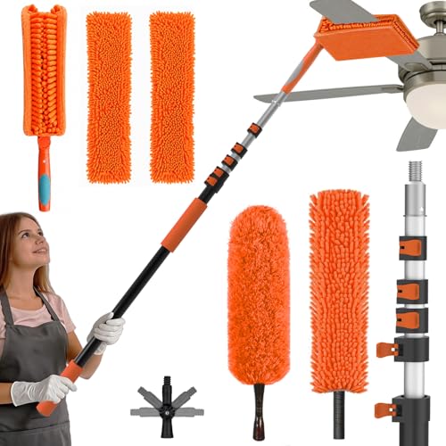 SISIUPASSIE 30FT Reach Ceiling Fan Cleaner Duster, Ceiling Fan Blade Cleaner with Extension Pole, Washable & Replaceable Microfiber Feather Duster Kits - size: 24FT
