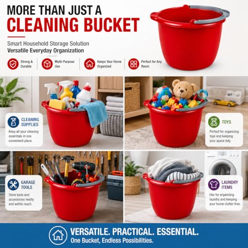 Large 10-Qt Easy Pour Pail with Comfort Grip Handle, Heavy Duty Utility Bucket for Cleaning, Washing, Storage & Household Use, Red