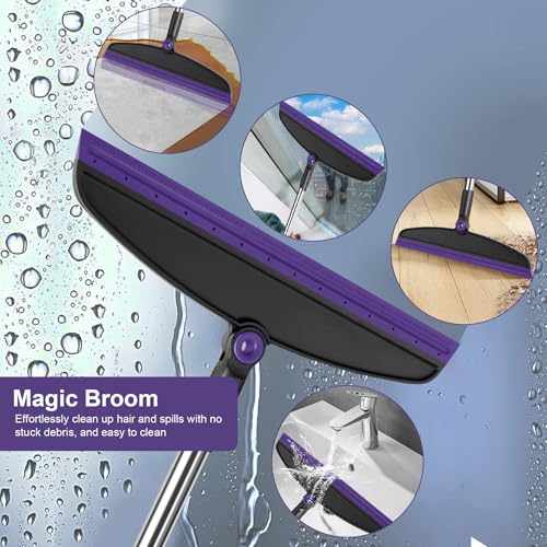 Broom with Dustpan Combo Set and Silicone Air Broom Kit, 51" Long Handle Floor Squeegee, Purple Household Kit for Glass Window Rugs Pet Hair Home - color: Purple