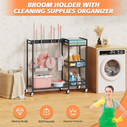 Broom and Mop Holder, Broom Closet Storage Cabinet with Cleaning Supplies Organizer, 2-in-1 Broom Mop and Cleaning Supplies Storage Cleaning Cart, Cleaning Cart with Wheels for Housekeeping - size: 37.4" x 13" x 34.2"
