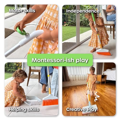 Quiggly Toddler Toy Cleaning Set - Spray Mop, Broom, Dustpan, for Kids 3-5 | Plus brush, two-hand hold & pull, Montessori cleaning 4-piece tool kit - size: Toddler, style: Cleaning Set