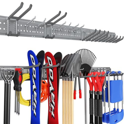 Garage Tool Organizer Wall Mount 66 inches with 13 Adjustable Heavy-Duty Hooks, Garage Organization, Garden Tool Storage Rack, Yard, and Shed, Holds Up to 520 lbs (Grey) - size: 66" | 4 Panels + 13 Hooks