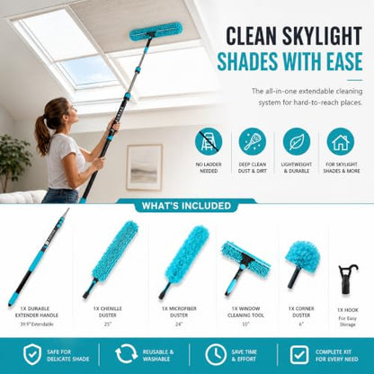 High Ceiling Duster Kit with 3-7T Heavy Duty Extension Pole, Reaches Up to 25FT, Includes Microfiber Feather Duster, Cobweb and Ceiling Fan Duster, Window Squeegee Cleaner & Skylight Hook (7FT) - size: 7FT