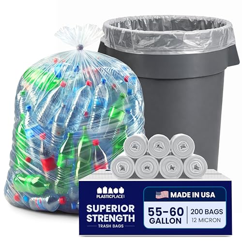 Plasticplace W55HDC1 55-60 gallon Trash Bags │ 12 Microns │ Clear High Density Garbage Can Liners │ 36” x 60” (200Count)
