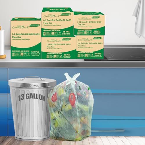 BEIDOU-PAC 13 Gallon Flap Tie Compostable Trash Bags, 200 Count, Compost Bags Tall Kitchen Trash Bags, Sturdy Garbage Bags Food Scrap Waste Bags, ASTM D6400, US BPI Certified, Green - style: Flat ties | 13 Gallon | 200 Count