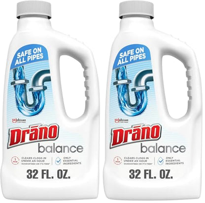 Drano Balance Drain Clog Remover and Cleaner, Non-Corrosive Formula, Safe on All Pipes and Septic Tanks, Formulated Using Only Essential Ingredients, 32 Fl Oz (Pack of 2) - size: 32 Fl Oz (Pack of 2)