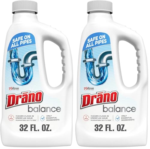 Drano Balance Drain Clog Remover and Cleaner, Non-Corrosive Formula, Safe on All Pipes and Septic Tanks, Formulated Using Only Essential Ingredients, 32 Fl Oz (Pack of 2) - size: 32 Fl Oz (Pack of 2)