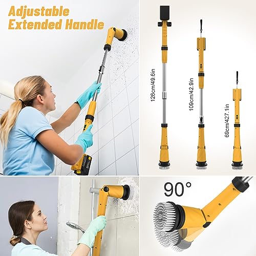 Qimedo Upgrade 1200 RPM Battery Electric Spin Scrubber, Highly Powerful Cordless Cleaning Brush with Smart Display, Electric Tile Floor Scrubber with 8 Brushes, Battery Powered Shower Scrubber