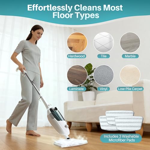JOYMOOP Steam Mop & Handheld Steam Cleaner, 1100W Electric Steam Cleaner for Home, Fast Heat 20s, Adjustable Steam, Detachable Water Tank, 11 Accessories for Floors, Windows, Clothes - size: 3 Microfiber pads