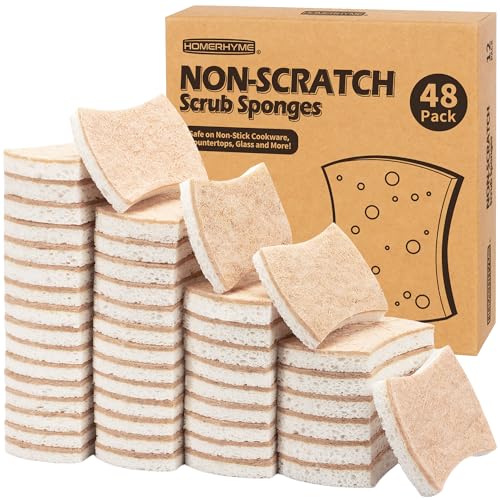 Natural Dish Sponge 48 Pack, Non-Scratch Scrub Sponge, Eco Multipurpose Kitchen Sisal Fiber Cellulose Sponge, Odor-Less Dual-Sided for Dish Washing & Household Cleaning - color: Brown/White, size: 48 Pack