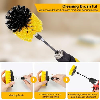 6Pcs Drill Brush Attachment Set, Power Scrubber Cleaning Kit with Extended Reach Attachment, Medium Stiffness Nylon Bristles for Bathroom Grout, Tile, Tub, Shower, Kitchen, Car, Universal Fit