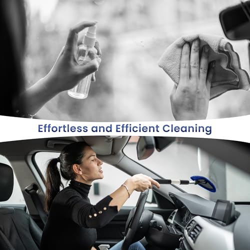Windshield Cleaner Tool with 180° Rotating Head, Car Window Cleaner Tool with Extendable Handle and 4 Reusable Microfiber Pads, Car Windshield Cleaning Brush for Effortless and Efficient Cleaning