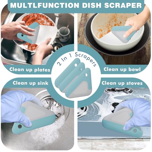 Food Scraper, 2-in-1 Pot and Pan Dish Scraper, Nylon and Silicone, Kitchen Scraper Tools for Cast Iron Skillets, Cookware, Dishes, Pans and Pots, Heat Resistant, Set of 3 - Blue - color: Blue