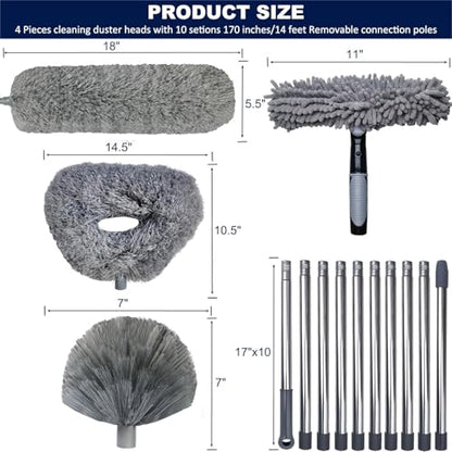 4 Pack 20+ Feet High Reach Dusting Kit with 3-14 ft Spliceable Pole //2 in 1 Window Cleaning Kit // High Ceiling Duster // Cobweb Microfiber Duster // Ceiling Fan Duster Cleaning Kit for Home Clean