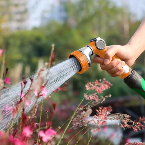 RESTMO Heavy Duty Hose Nozzle, Metal Garden Water Hose Sprayer with 7 Watering Patterns, Thumb Control, On Off Valve, High Pressure Nozzle Sprayer for Watering Plants, Car and Pet Washing, Orange - color: Orange