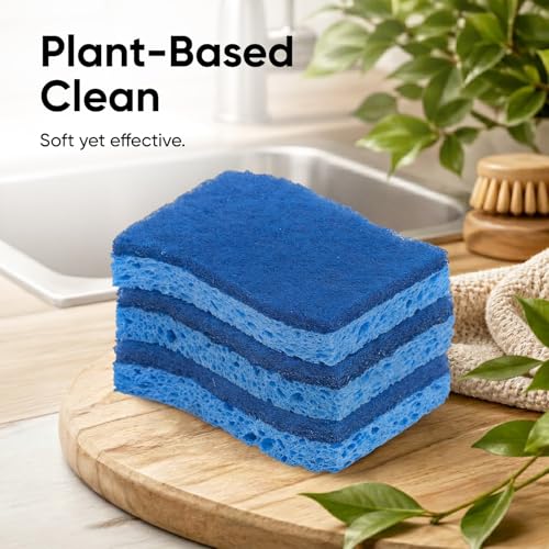 Superio Non-Scratch Cellulose Sponge Scrub (12-Pack) Heavy Duty Kitchen Sponges Scrubbers with Scouring Pad (Blue) - color: Blue, size: 12-pack