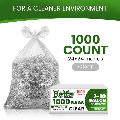 Betta 8-10 Gallon Medium Trash Bags, Clear, 1000 Count Box, (24x24-inch) Commercial Office Wastebasket Garbage Can Liners, 7-10 Gallon Round Cans, 6-8 Gallon Slim and Square Cans