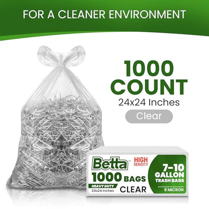 Betta 8-10 Gallon Medium Trash Bags, Clear, 1000 Count Box, (24x24-inch) Commercial Office Wastebasket Garbage Can Liners, 7-10 Gallon Round Cans, 6-8 Gallon Slim and Square Cans