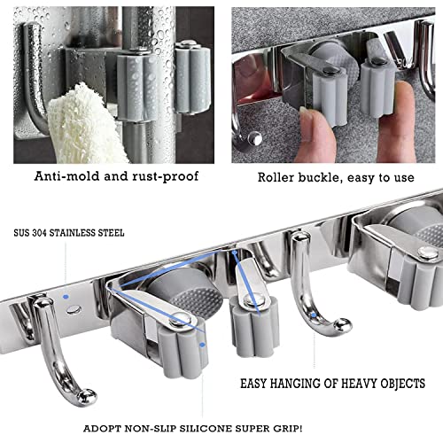 Mop and Broom Holder, 3 Positions 4 Hooks Heavy Duty Hanger Wall Mounted Stainless Steel Organizer for Holders, Home Laundry Bathroom, Garage Storage System Utility Tools Rack Storage, Grey