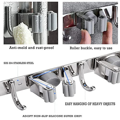 Mop and Broom Holder, 3 Positions 4 Hooks Heavy Duty Hanger Wall Mounted Stainless Steel Organizer for Holders, Home Laundry Bathroom, Garage Storage System Utility Tools Rack Storage, Grey