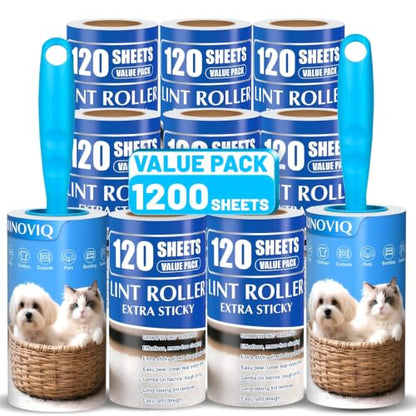 Lint Roller for Pet Hair – 1200 Sheets Mega Value Set, 2 Upgraded Handles, 3.9-inch Rolls with 120 Sheets Each, Sticky Hair Remover for Clothes, Sofa, Carpet & Furniture, Dog & Cat Hair - size: 2 Handles + 8 Refills + 1200 Sheets