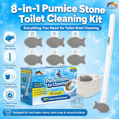 Pumice Stone for Toilet Bowl Cleaning, 8-in-1 Toilet Cleaning Kit with 6 Replaceable Fish Heads, 17" Extra Long Handle, Wall Mount Holder, Removes Hard Water Stains, Mineral Deposits & Rust Rings