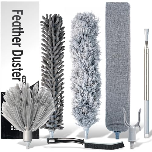 Microfiber Feather Duster with Extension Pole 100 Inches, (8 PCS), Cleaning Brush, Dusters for Cleaning High Ceilings, Cobwebs, Blinds, Cars, Reusable, Washable, Extendable, Ceiling Fan Cleaner Duster