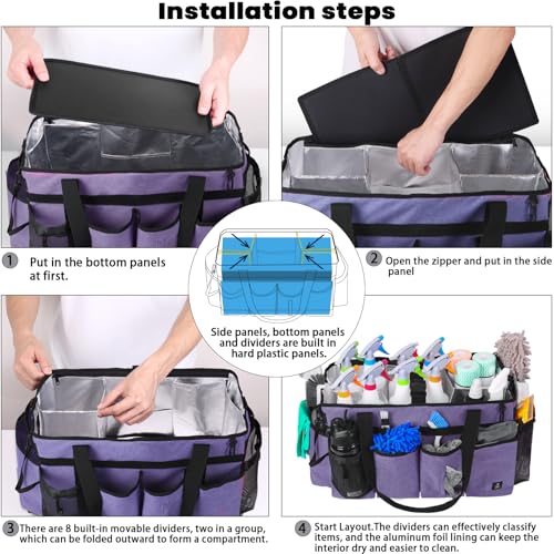 Extra large Cleaning Caddy Bag Built-in Sturdy Support Board, Cleaning Organizer with Detachable Divider, Cleaning Supply Tote with Adjustable Shoulder Strap (Purple, 19'' x 11'' x 11'') - color: Purple