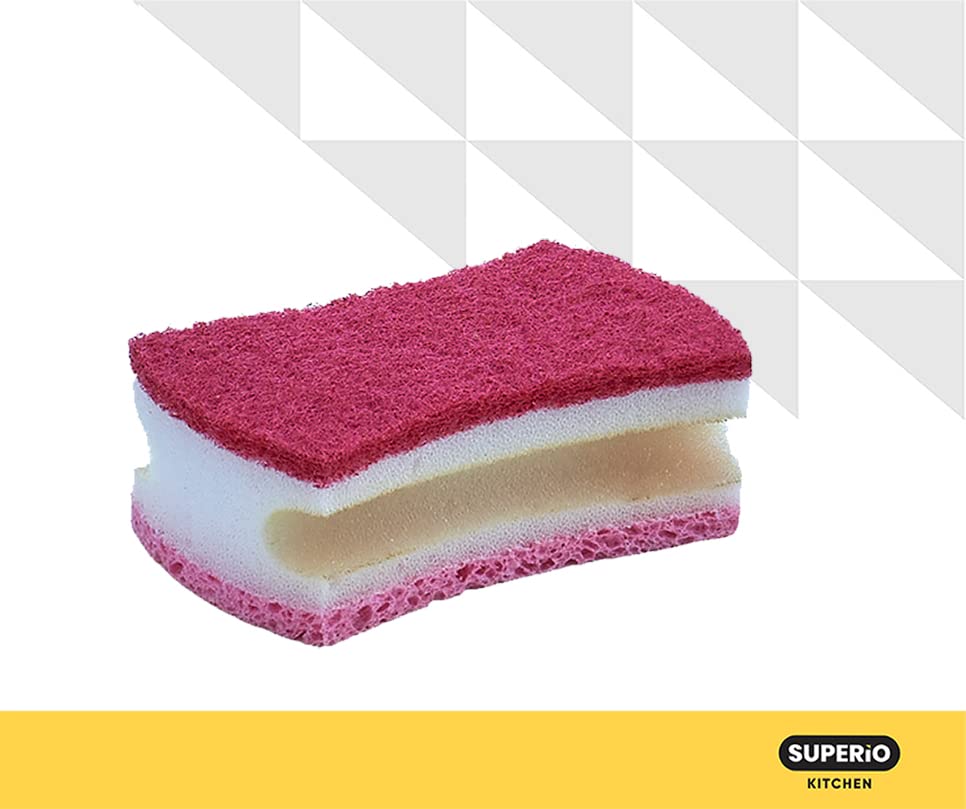 Non-Scratch Scrub Sponge with A Comfortable Grip, Heavy Duty Duel Sided Kitchen Scrubber Sponge Cellulose Scrub Sponge, Scratch Free, with Scouring Pad Set, Pack of 2, Blue-Red/Pink, by Superio - color: Red-blue