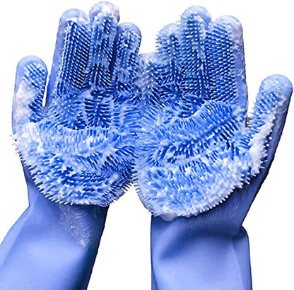 Silicone Dishwashing Gloves, Pet Grooming Rubber Scrubbing for Dishes, Sponge Wash Cleaning with Scrubbers (13.6" L) - color: Blue