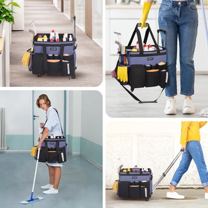 JKAOO Large Rolling Cleaning Caddy Bag with Detachable Trolley, Denim Blue | Waterproof Cleaning Caddy with Wheels, 40L Wheeled Organizer Cart for Supplies, Housekeepers, Home, Office, Car, Picnic - color: Denim Blue