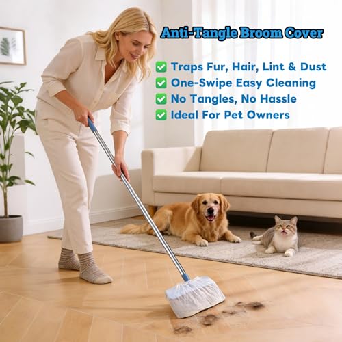 100 Pcs Disposable Broom Covers, Non-Woven Sweeper Sheets for Pet Hair Removal, Effectively Traps Dust, Lint & Hair for Floor & Carpet Cleaning, Universal Fit for Most Brooms