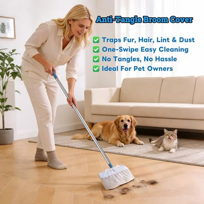 100 Pcs Disposable Broom Covers, Non-Woven Sweeper Sheets for Pet Hair Removal, Effectively Traps Dust, Lint & Hair for Floor & Carpet Cleaning, Universal Fit for Most Brooms