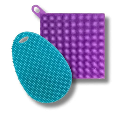 Silicone Dish Sponge Dish Scrubber (Oval and Square) - Dual-Sided, Food Grade Silicone Sponges for Dishes and Housecleaning 2-Pack - color: 2 Pack Teal + Purple