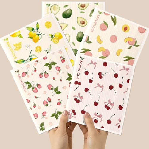 5 Pack Swedish Dishcloths - Reusable Dish Cloths for Kitchen 5 PCS Non-Scratch Absorbent Compostable Cute Floral Patterned Swedish Sponge Cloths for Cleaning, Fruits - color: Fruits