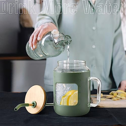 WINSA 50 oz Glass Water Bottles with Silicone Sleeve,Glass Tumbler with Lid and Straw,Iced Coffee Cup with Handle,BPA Free-Olive - color: Olive