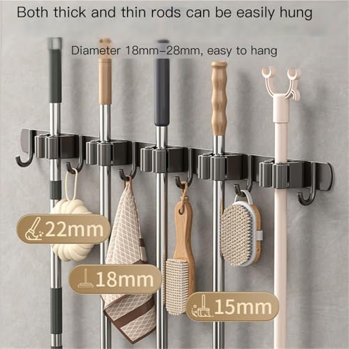 Broom Holder，Stainless Steel Mop Holder, No Drilling, Cleaning Supplies Organizer，Versatile Mop Hook, Wall Mounted Bathroom Broom Storage Clip,Laundry Room Organization，Home Improvement.(Black,5 clips